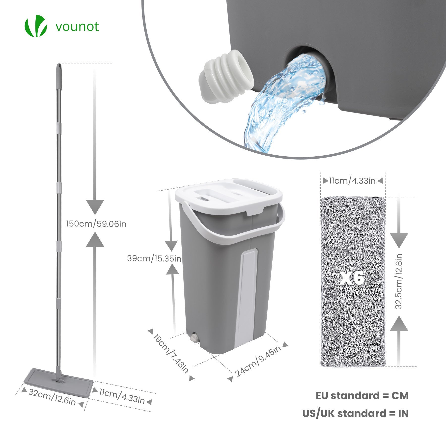 Balai plat microfibre avec seau essoreur auto-lavage double compartiment - 6 serpillères réutilisables - gris - VOUNOT® - 6