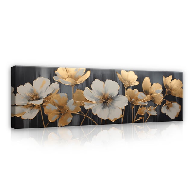 Impression sur Toile Fleurs Glamour Or Boho Art Moderne 145x45 cm XXL Tableau Décoration Murale Intissée pour Salon Chambre pret a accroche