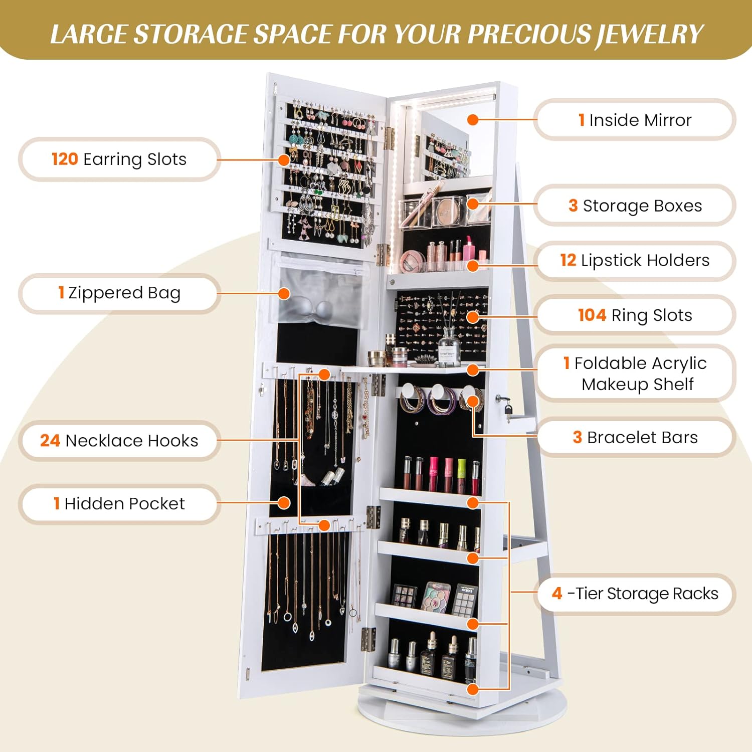 Armadietto per Gioielli Girevole a 360°, con Specchio a Figura Intera Luce a LED a 3 Colori, Specchio Interno per il Trucco con Serratura, 54,5x 54,5 - 8