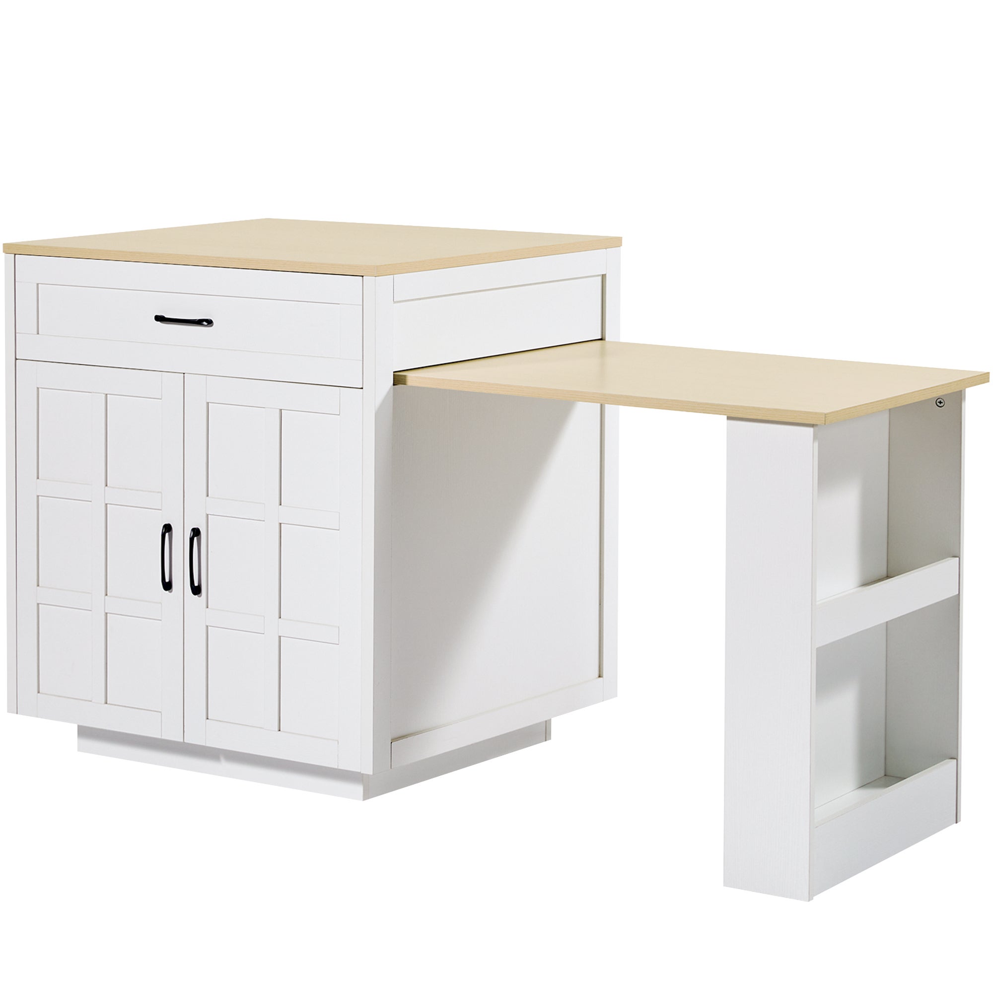 Ilot central de cuisine, table à manger 4 à 6 couverts - 2 tiroirs, 2 portes et étagères - 133/202 x 70 x 93.5 cm - MDF - Blanc - 7