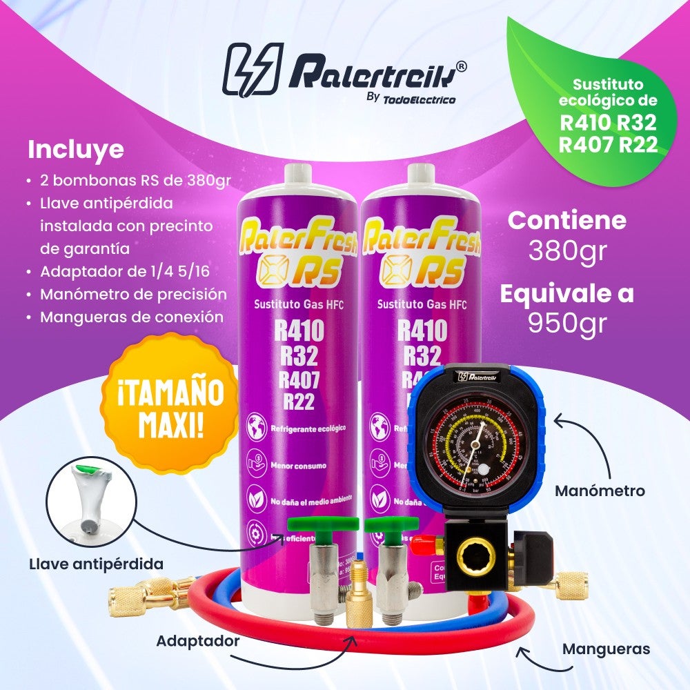 Lot de 2 bouteilles de gaz réfrigérant RALERFRESH RS avec manomètre, flexibles, clé et adaptateur - 2
