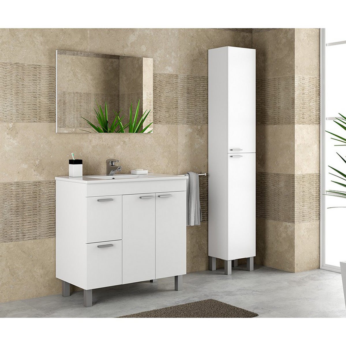 Meuble salle de bain Sous-Vasque + 1 Miroir, coloris blanc brillant - Longueur 80 x Hauteur 80 x Profondeur 45 cm - 2