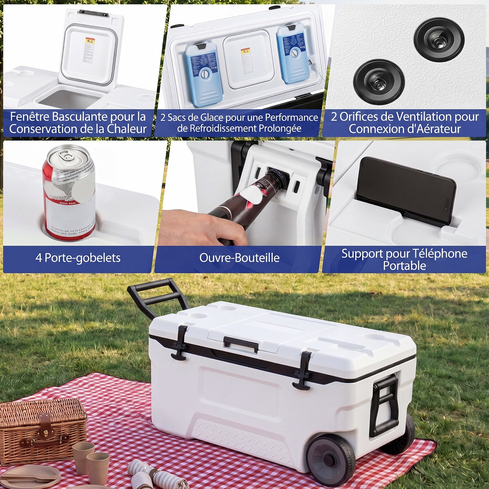 Glacière, Poignées et Roulettes Transport, Glacière Portable de 70L, Orifice de Sortie, Emplacement du Gobelet, Garder la Glace Jusqu'à 6 Jours, Blanc - 7