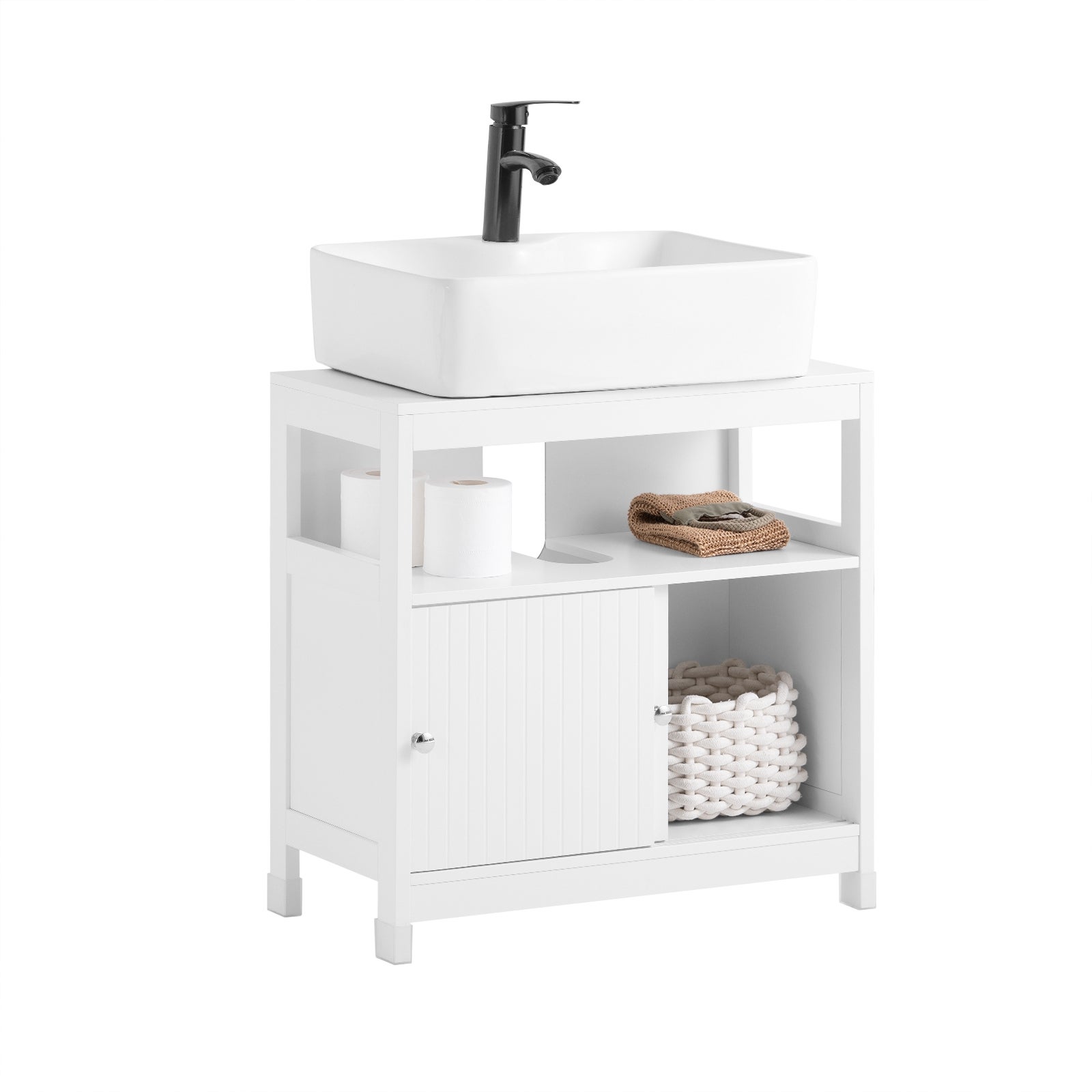 SoBuy Meuble Sous-Lavabo BZR98-W – 60 Cm Blanc, 2 Portes, Étagère Réglable, Ouverture Siphon