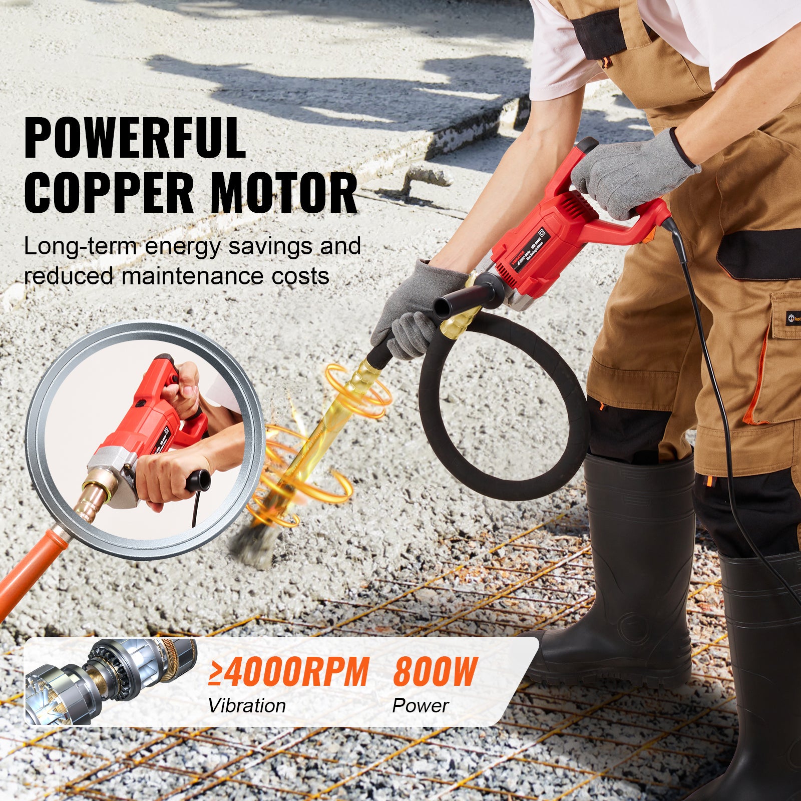 vibrateur à béton portatif SucceBuy 800 W,4000 tr/min,tige de 1,5 m,outil pour éliminer les bulles d'air et mélanger le béton - 4