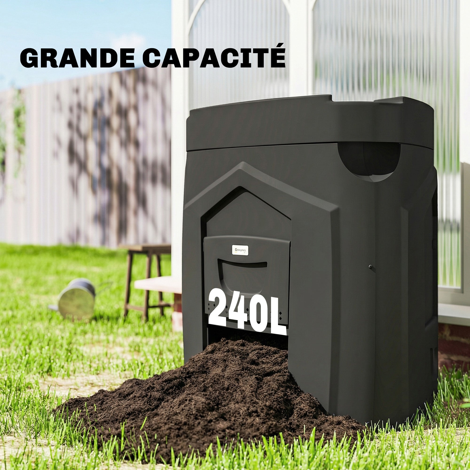 Composteur de jardin, 240L, bac à compost extérieur, en polypropylène, 3 Portes, 66 Aérations, 78 x 75 x 78 cm, Noir - 8