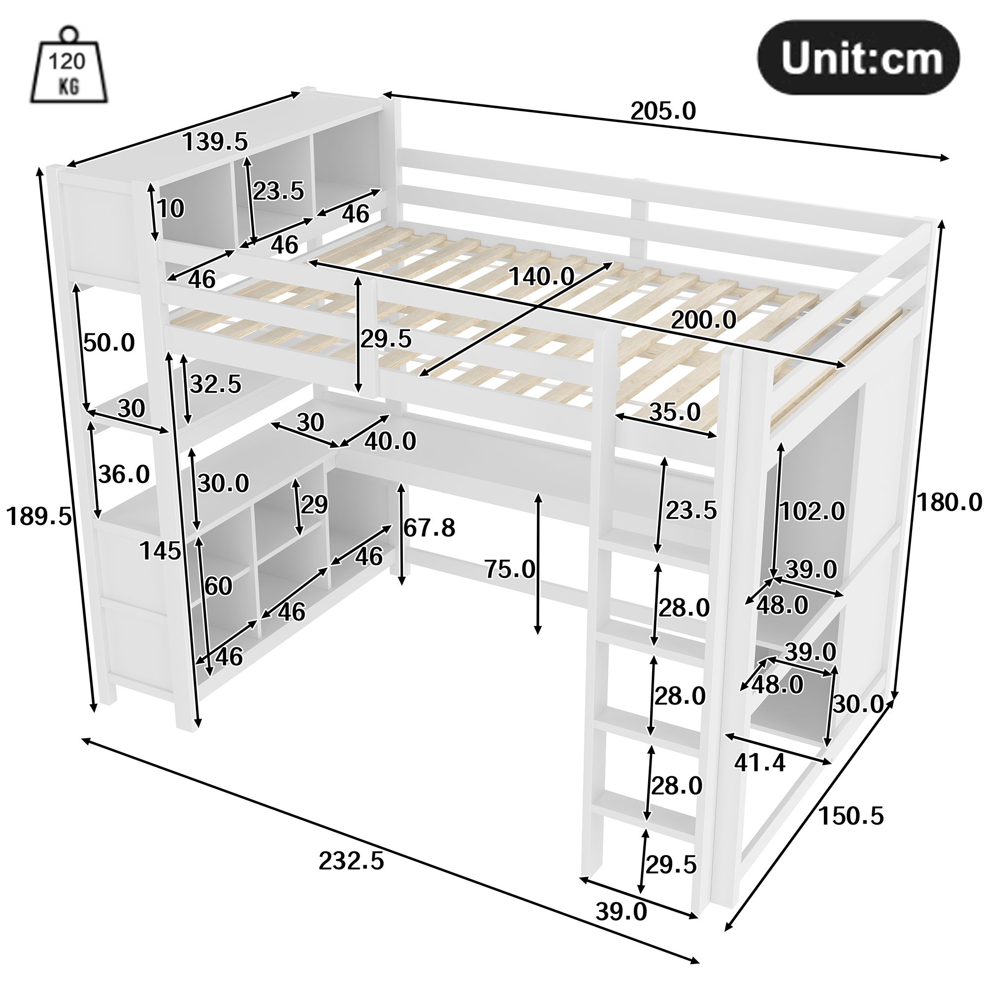 Lit Mezzanine 140x200 cm Combiné avec Bureau, Armoire et Étagères de Rangement, Structure Robuste pour Ados et Adultes, Design Gain de Place - Blanc - 5