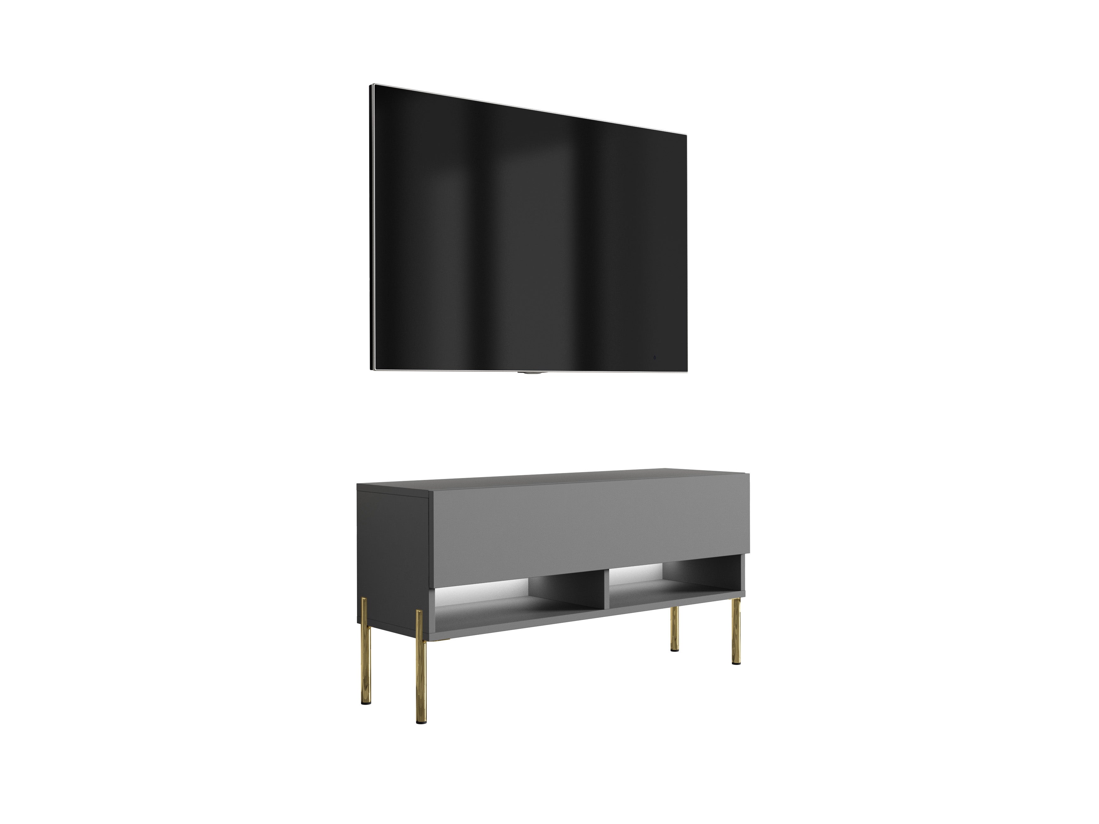Szafka RTV : Antracyt, nóżki proste złote, LED biały, 100 × 32 × 52 cm