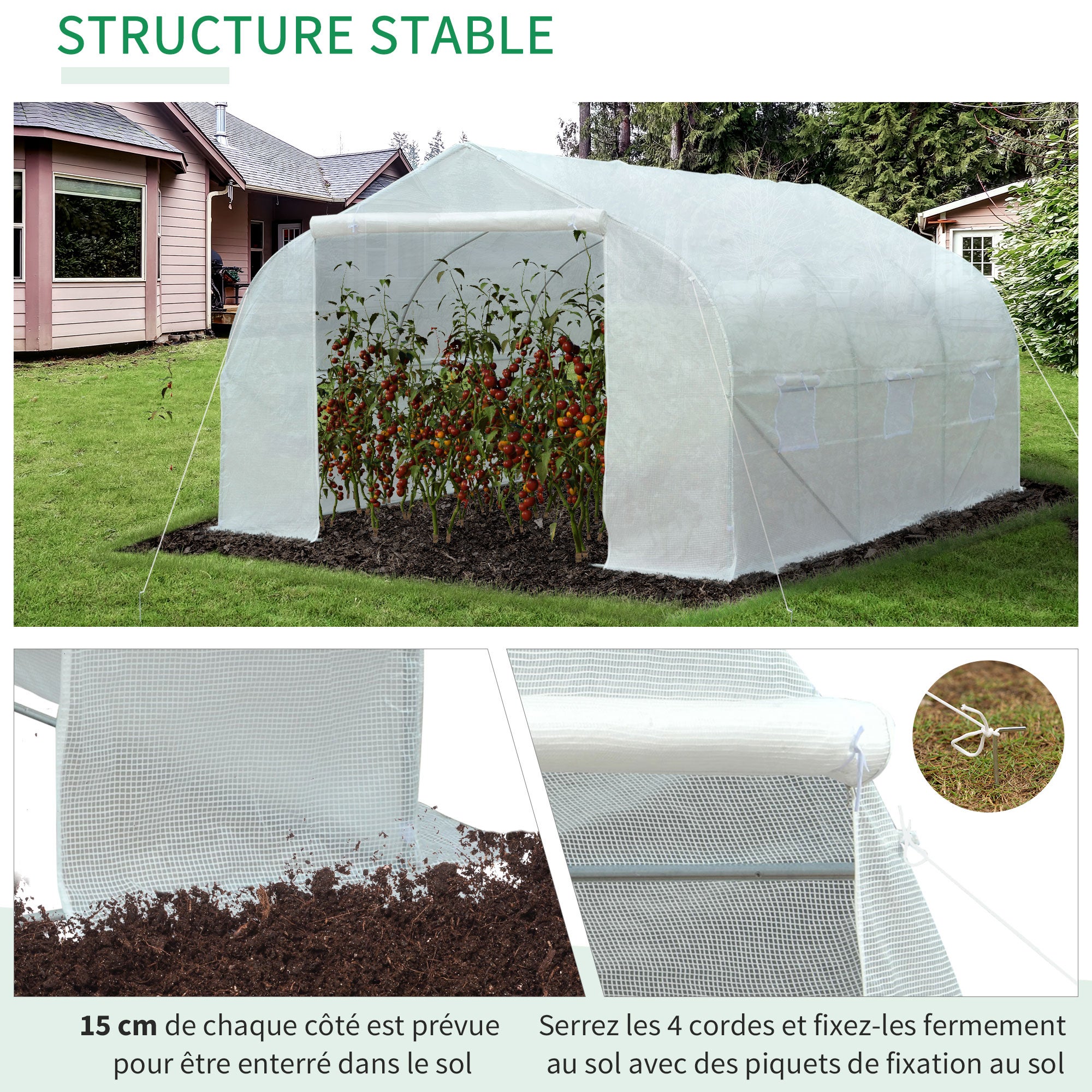 Serre Tunnel de Jardin 13,35 m² dimensions 4,5L x 3l x 2H m Porte + 6 fenêtres enroulables Acier galvanisé bâche PE Haute densité Blanc - 6