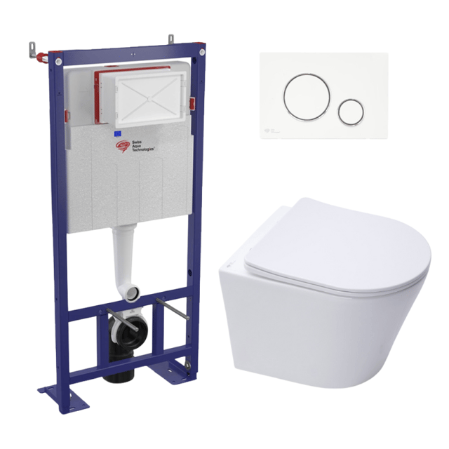 Swiss Aqua Technologies Pack WC bâti-autoportant + WC SAT Infinitio sans bride fixations invisibles + Abattant softclose + Plaque blanche/chrome