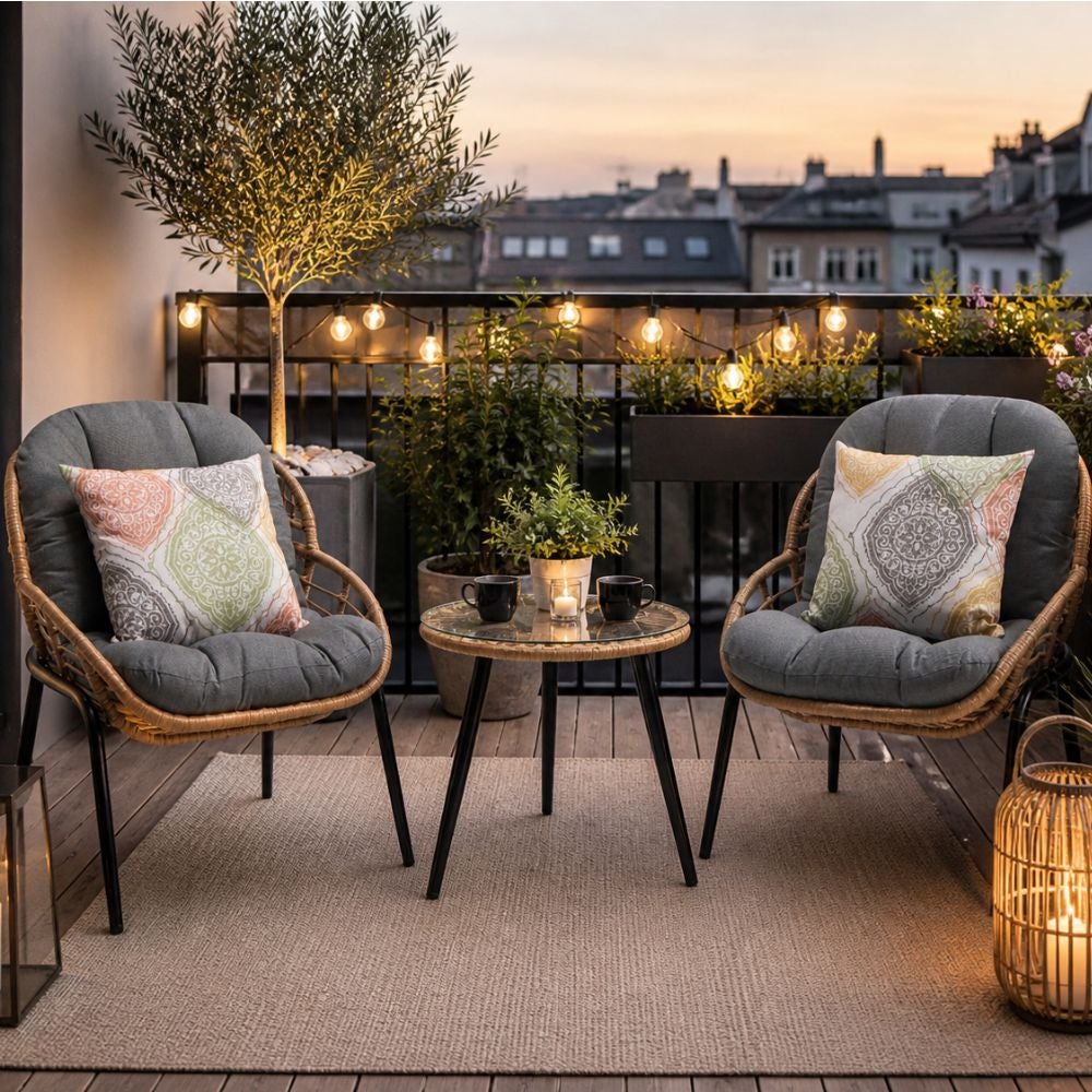 Ensemble de jardin en rotin pour balcon, comprenant 2 fauteuils et une table basse, structure en acier peint, coussins inclus, mobilier d'extérieur - 8