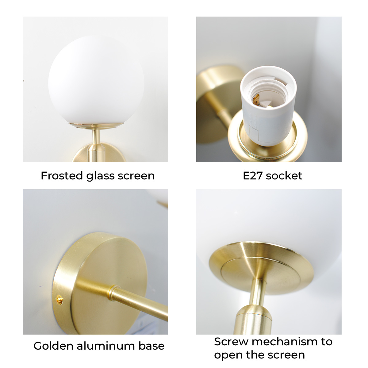Aplique de Pared, Bola de Cristal Opalina y Soporte Dorado, Casquillo E27, Ideal para Dormitorio, Salón y Pasillo - 6