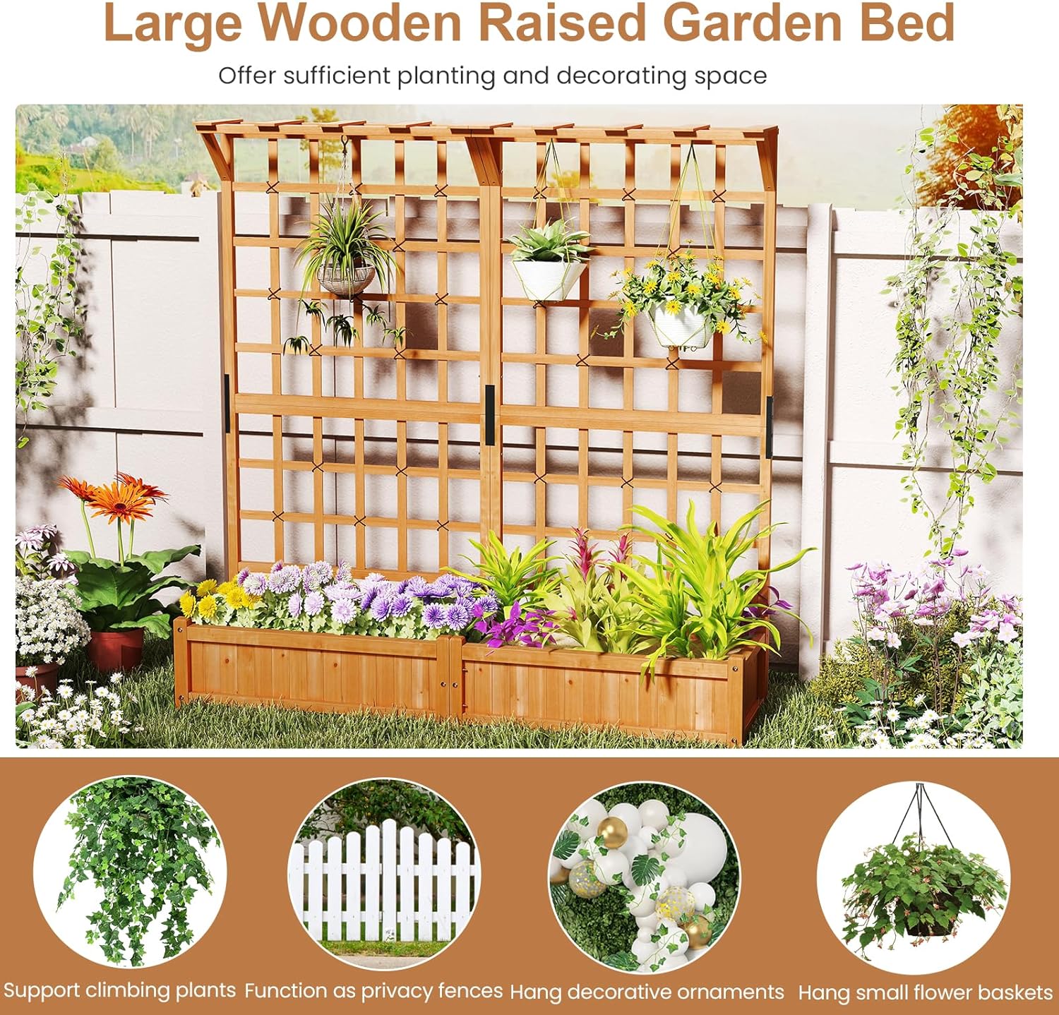 Jardinière avec 2 Treillis 2 Bacs Toit Suspendu en Bois, Lit de Jardin Surélevé pour Plante Grimpante, Orange (180 x 48 x 183 cm) - 7