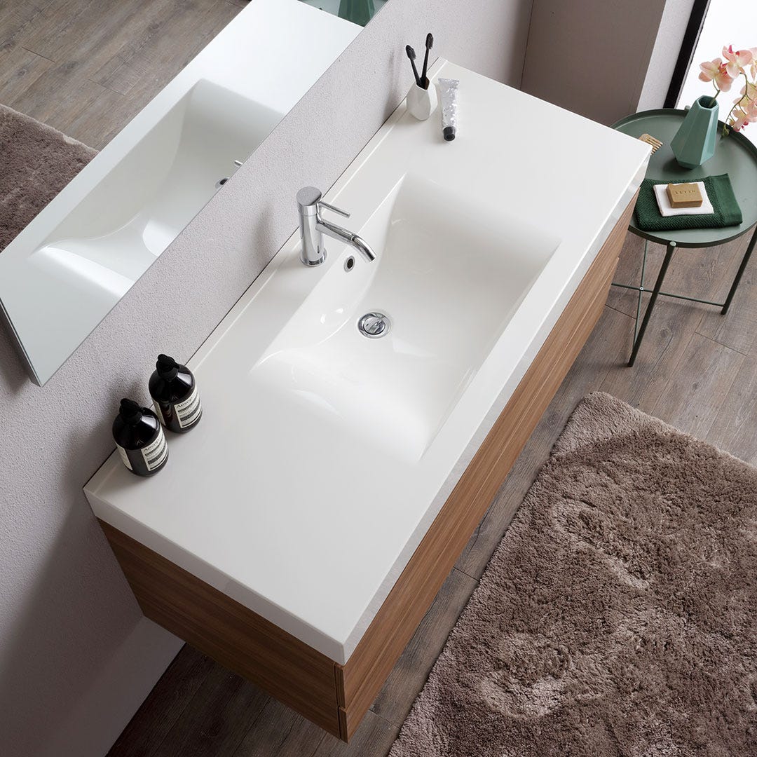 Meuble de salle de bains suspendu 120cm 2 tiroirs chêne naturel, lavabo et miroir 120x60 | Valentina - 8