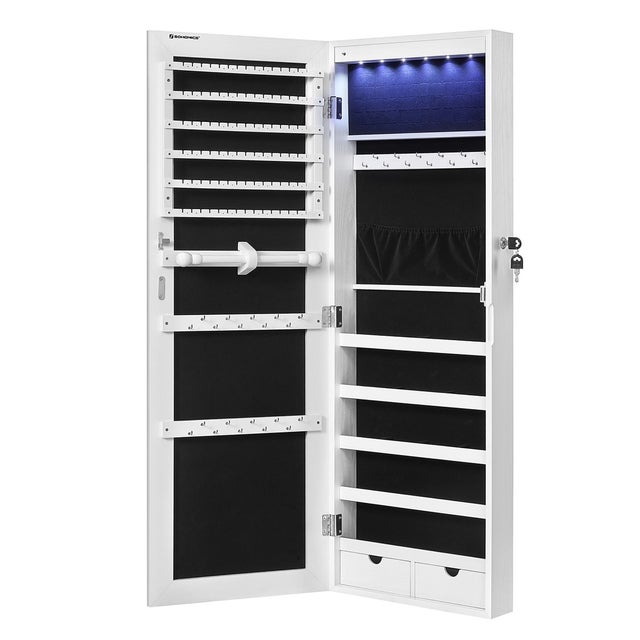 Espejo joyero colgante con luz led, montaje en pared o puerta, iluminación interior, elegante regalo blanco, 37x9,3x108 cm