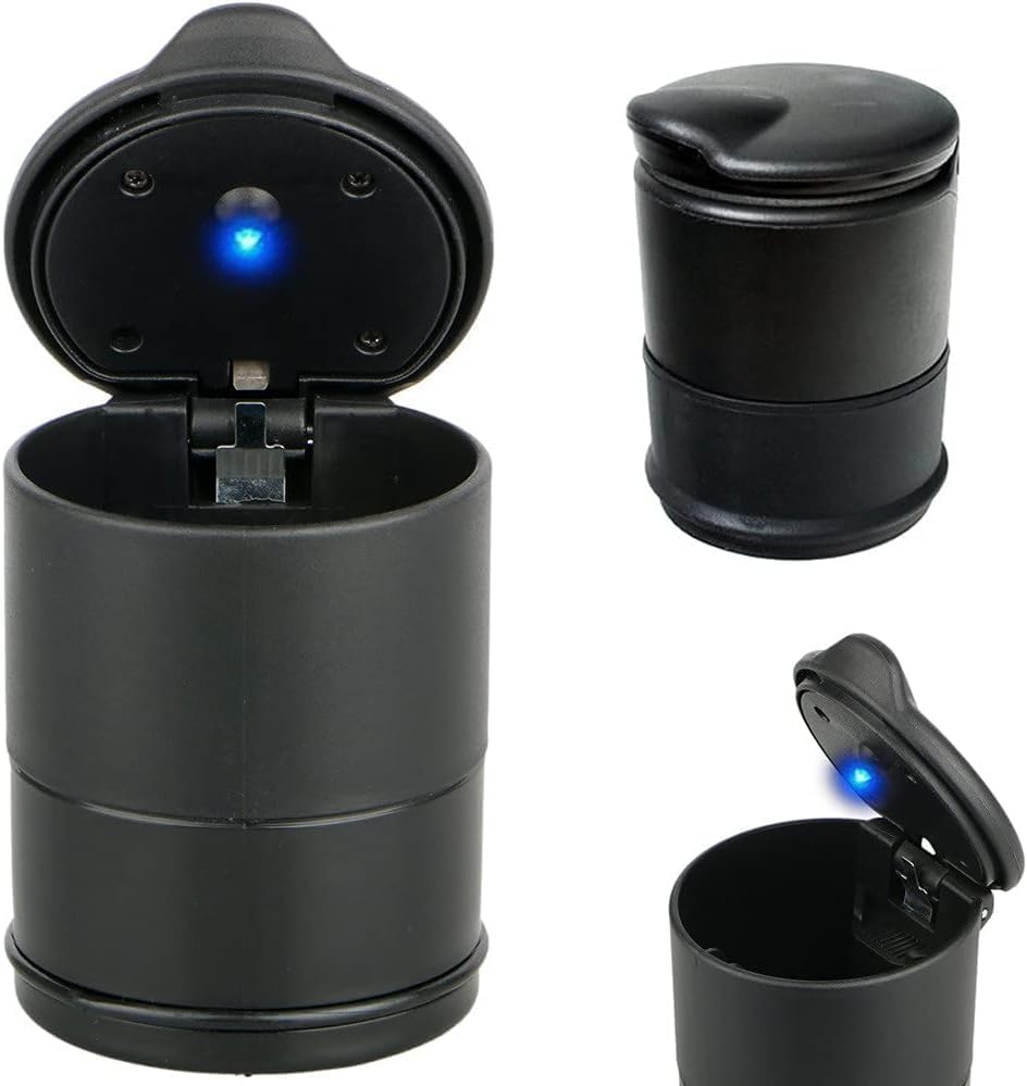 Posacenere Auto Con Strass E Luce LED Blu | Portatile Con Coperchio | 9x7,5 Cm | Elegante E Senza Odori
