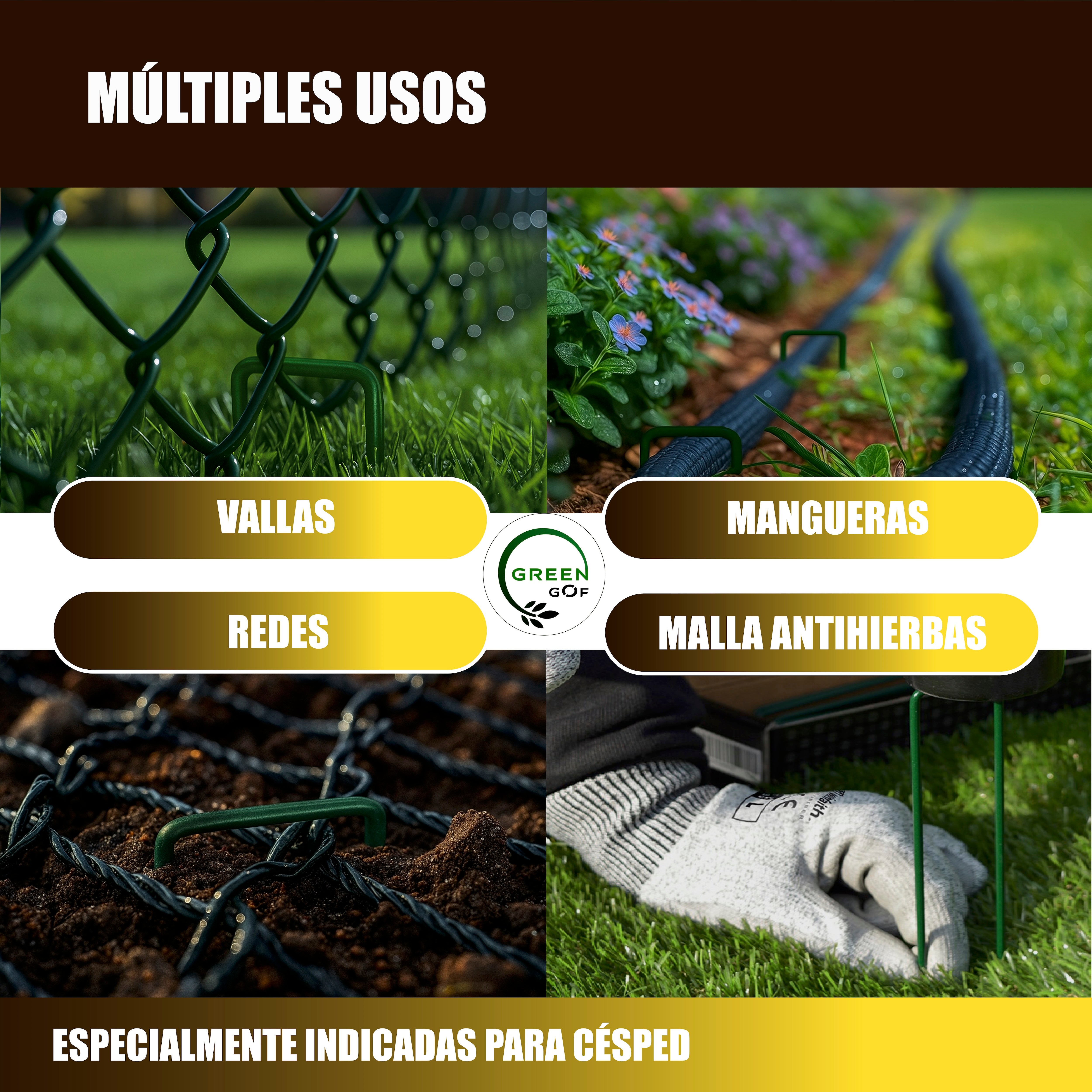 GREEN GOF 100 Grapas Verdes para Cesped Artificial y Malla Antihierba - Acero Galvanizado, 15x4cm, Ø3mm - Ultra Resistentes y Anticorrosivas. - 5