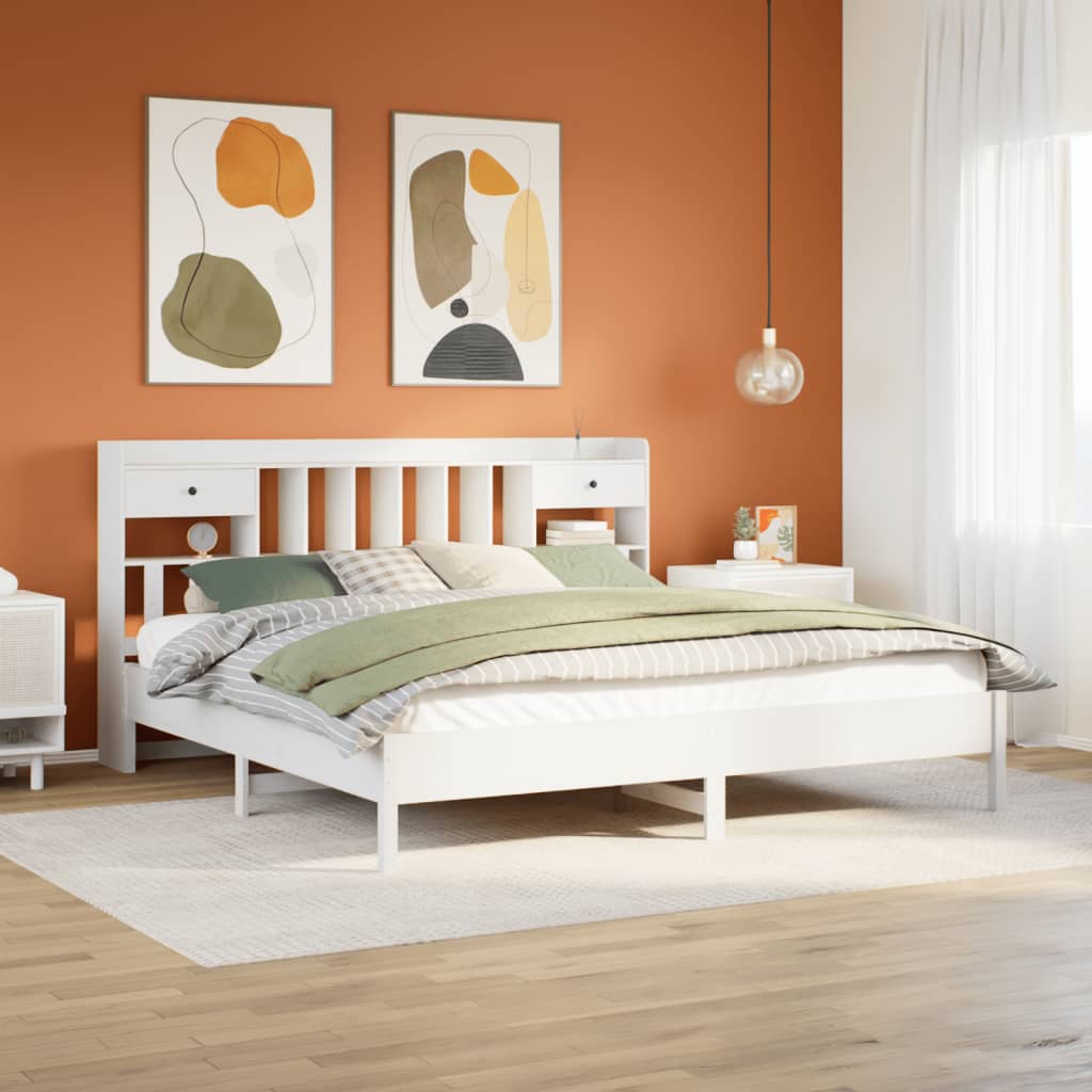 Łóżko Drewniane z Regałem Rama Łóżka Ze Stelażem Biała 180x200 cm