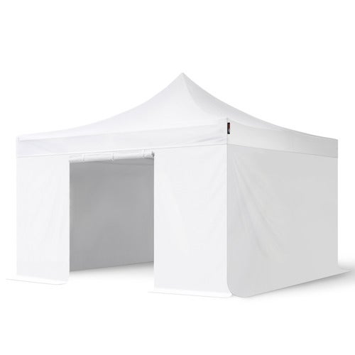 4x4 m gazebo pieghevole PVC ignifugo con 4 laterali, PREMIUM acciaio, bianco