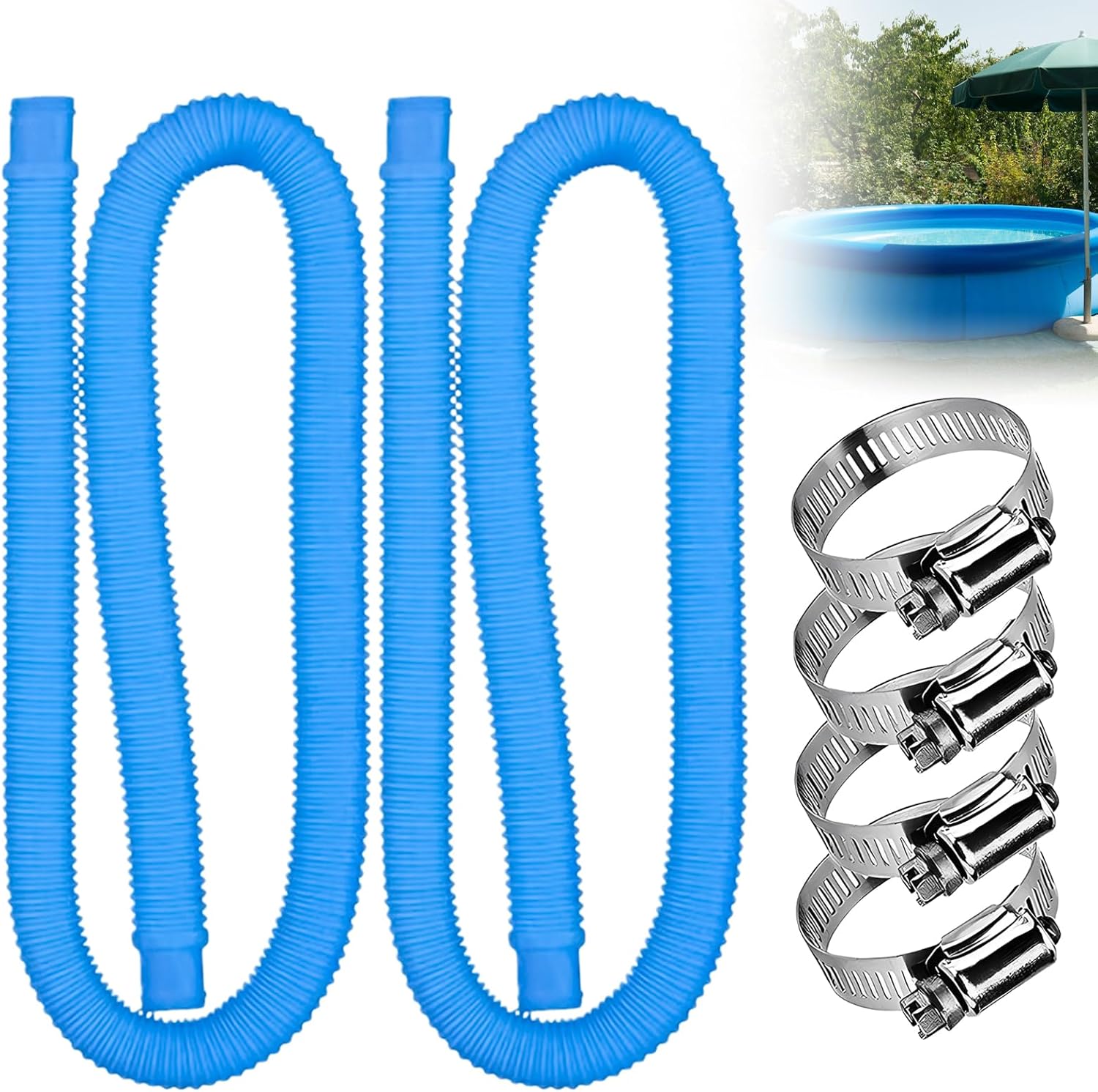 Wąż zamienny do filtra basenowego 1,5 m z 4 metalowymi zaciskami do basenów naziemnych, 2 sztuki (niebieski)