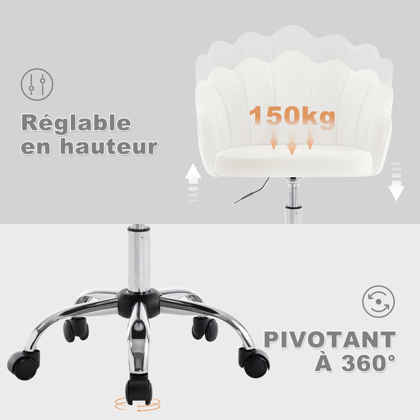 WOLTU Chaise Bureau en Velours + Métal，Chaise Coiffeuse，Fauteuil Coquillage，Chaise de Bureau ，Hauteur Réglable，Crème Blanc - 5
