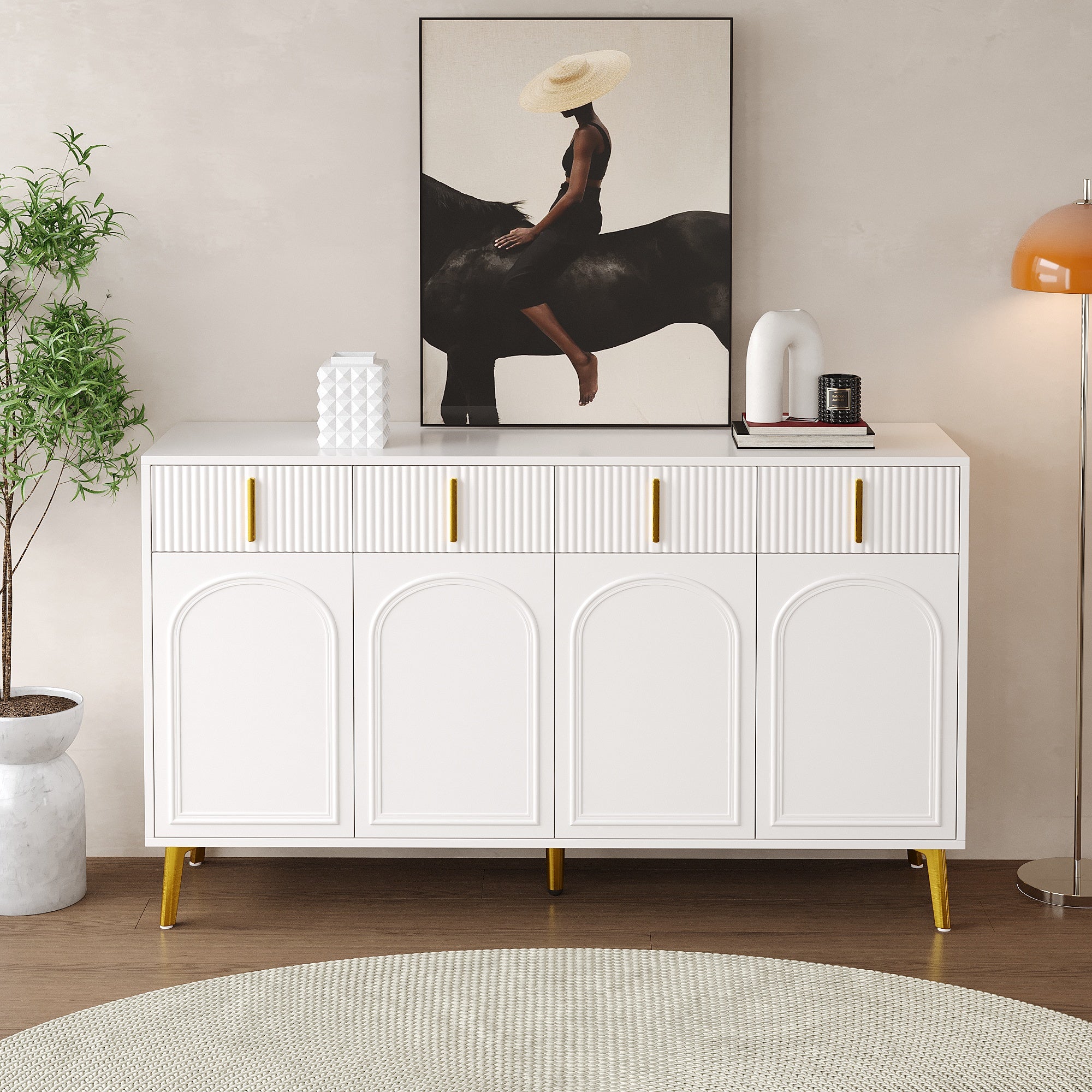 Komoda z 4 drzwiami i 4 szufladami - 140 x 37,8 x 82 cm - Płyta MDF, uchwyty i nogi w kolorze złotym - Biała