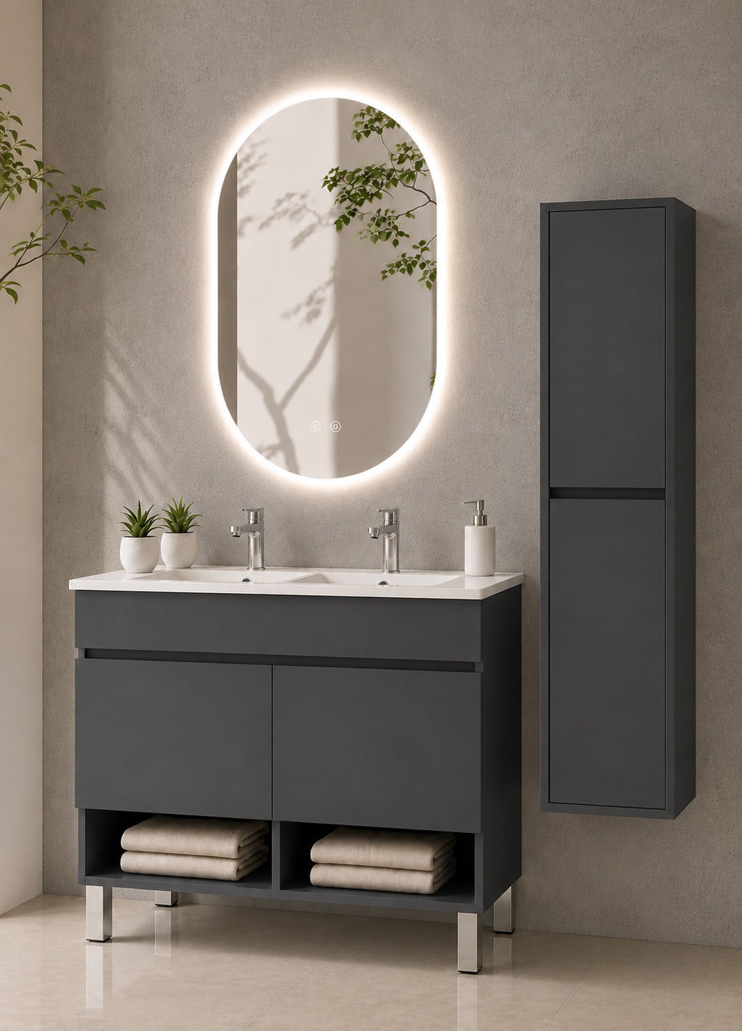 Mobilier de baie cu picioare cu lavoar ORIGENBATH NEBARI cu picioare și uși cu coloană 120x45 cm dublu grafito cu coloană