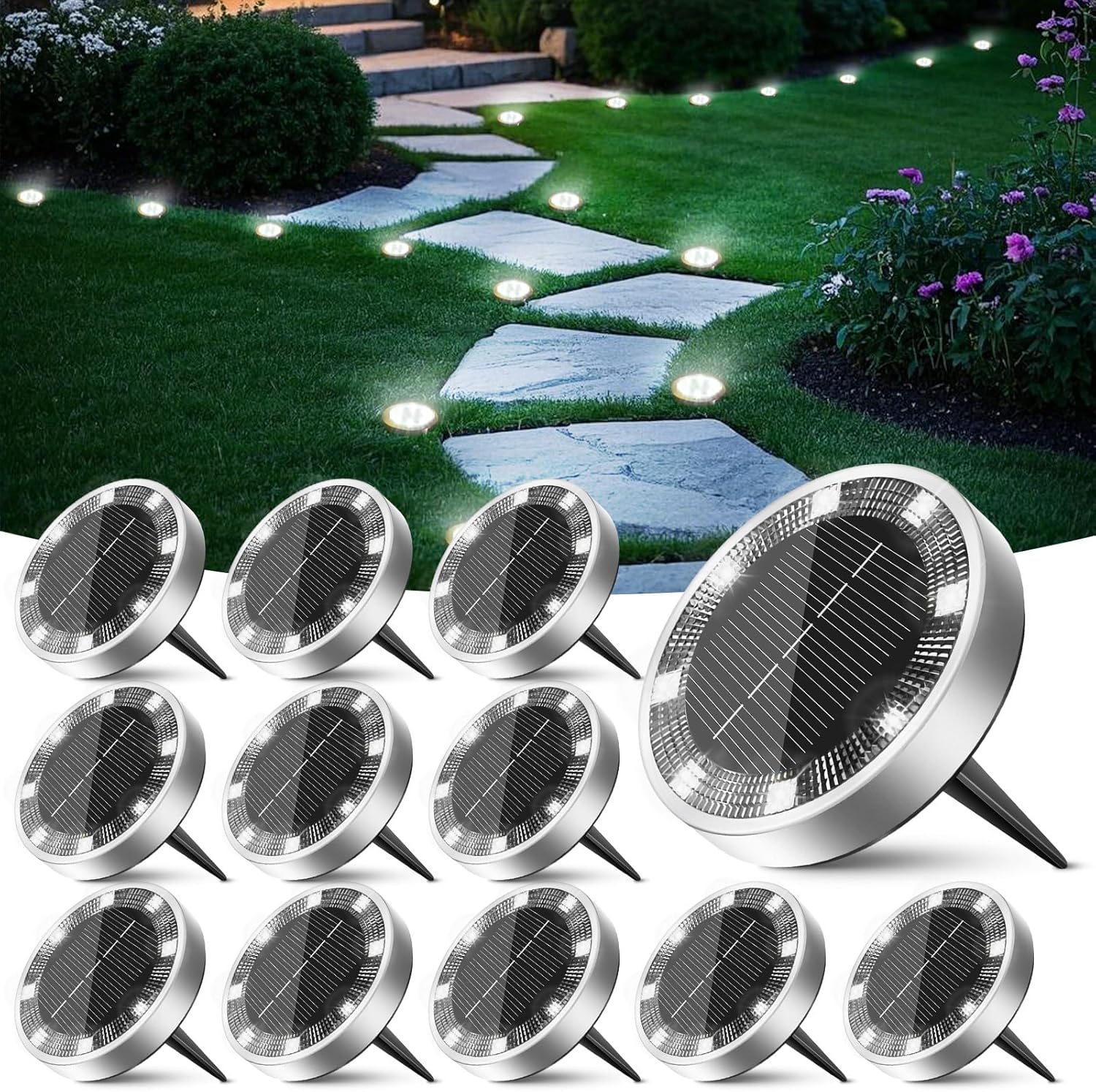 Luces solares de suelo, paquete de 12, focos solares exteriores impermeables, iluminación solar para patio, entrada de vehículos, sendero, césped, ja