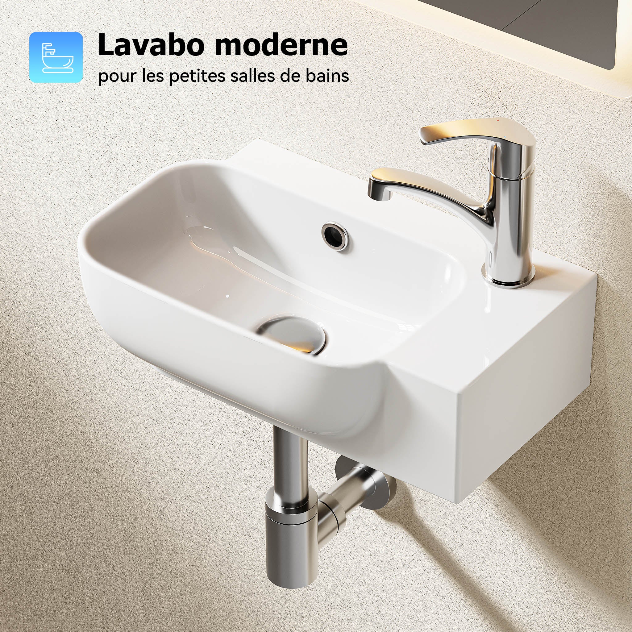Lavabo mural, vasque à poser, lave-mains mural, vasque 40,3 x 24,9 x 14 cm avec trou pour robinet et trop-plein HOROW - 3
