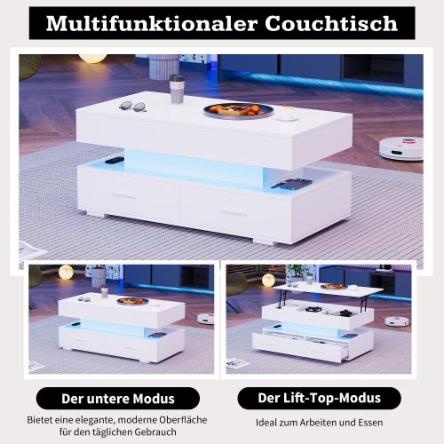 Table basse relevable LED 100x50x44 cm , Bluetooth, 2 Tiroirs et Rangement - pour Salon - Blanc - 7