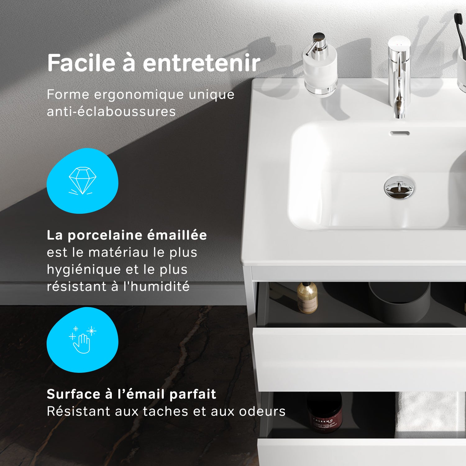 Meuble salle de bains avec Vasque en Céramique Meuble simple vasque suspendu 60cm effet bois clair avec lavabo intégré, 2 tiroirs, design, Blanc AM.PM - 6