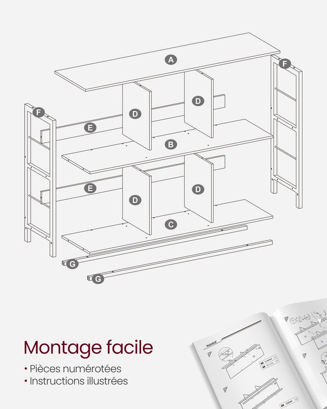 Meuble de Rangement 2 Niveaux, Étagère Rangement, Bibliothèque Style Industriel, 6 Cubes, 33 x 120 x 80 cm, Marron Camel et Noir d'Encre - 7