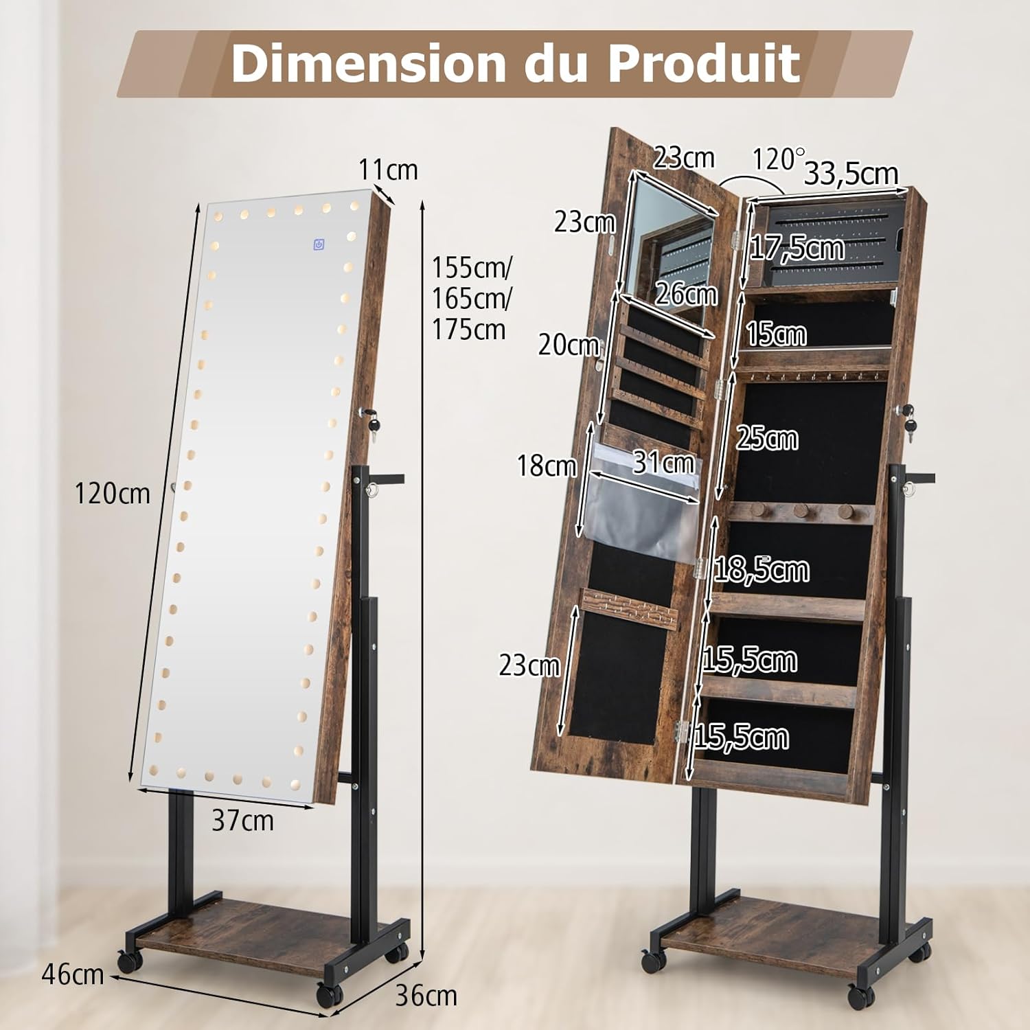 Armoire à Bijoux Miroir Pleine Longueur avec LED Réglable en Hauteur et en Angle-Roues Universelles et Porte-manteau, Marron - 9