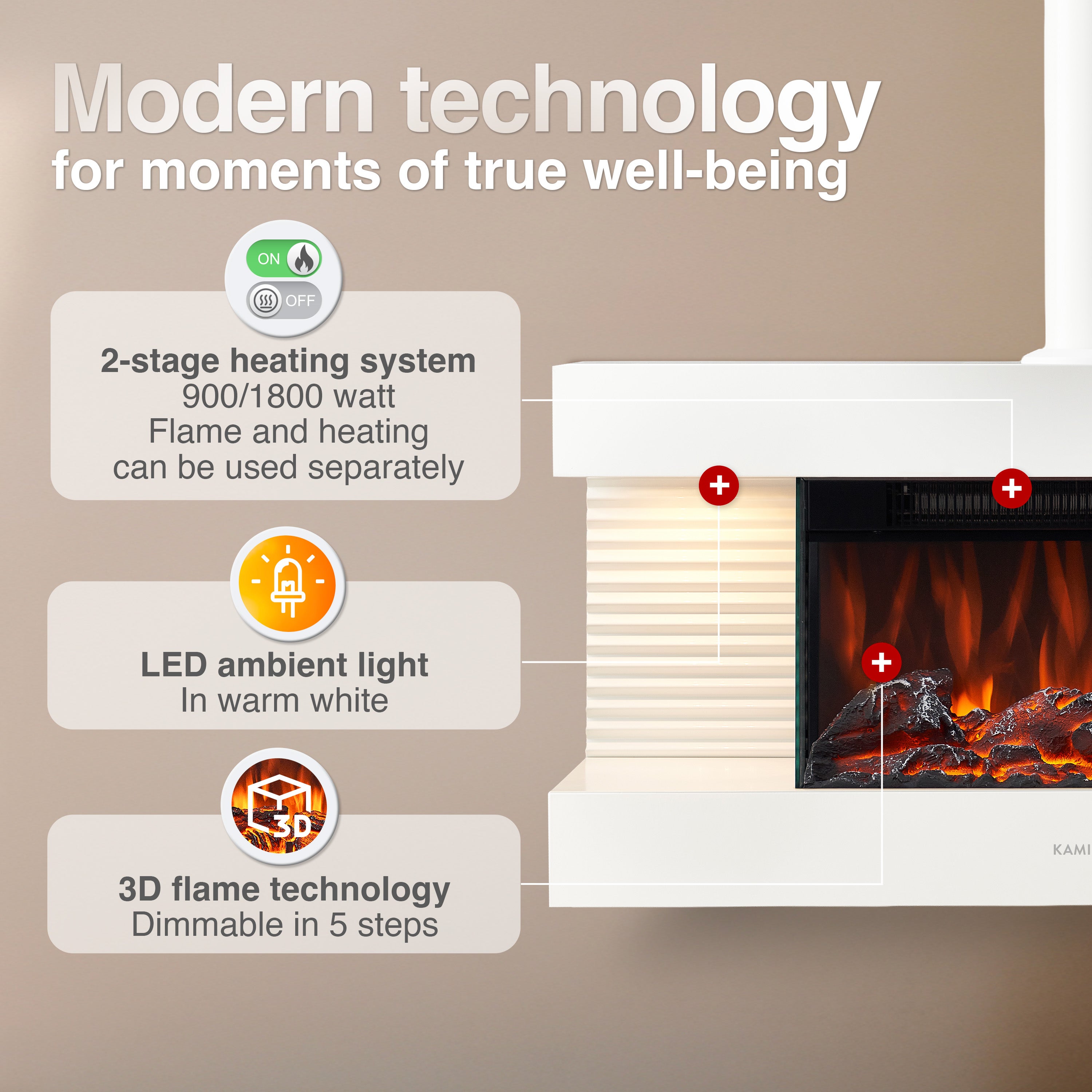 KAMINIO Chimenea eléctrica LIZ con tubo de chimenea - Chimenea de pared con calefacción, llama 3D, luz ambiental, control remoto - Blanco - 3