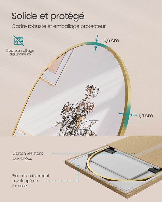 Miroir Intégral, 160 x 50 cm, Miroir Arqué sur Pied, Cadre en Alliage d’Aluminium, Verre Trempé, pour Chambre, Salon, Dressing, Doré Clair - 7