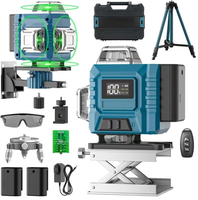 Niveau Laser 4D 16 Lignes Vert Professionnel, 360° Autonivelant, Écran LED, 2x3.0Ah Batteries, IP54, Portée 30m/60m,avec Trépied et Support Magnétique