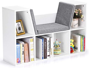 Bibliothèque Enfant avec Coussin, Étagères de Rangement Livre, 6 Compartiments de Stockage, 102,5 x 30 x 63,5 CM, Blanc