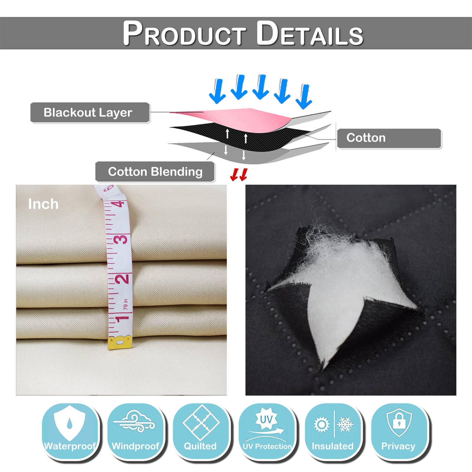 Cortinas opacas 2 peças Cortinas para sala Cortinas térmicas isolantes frio e calor 132x213cm para quarto com ilhós bege - 4