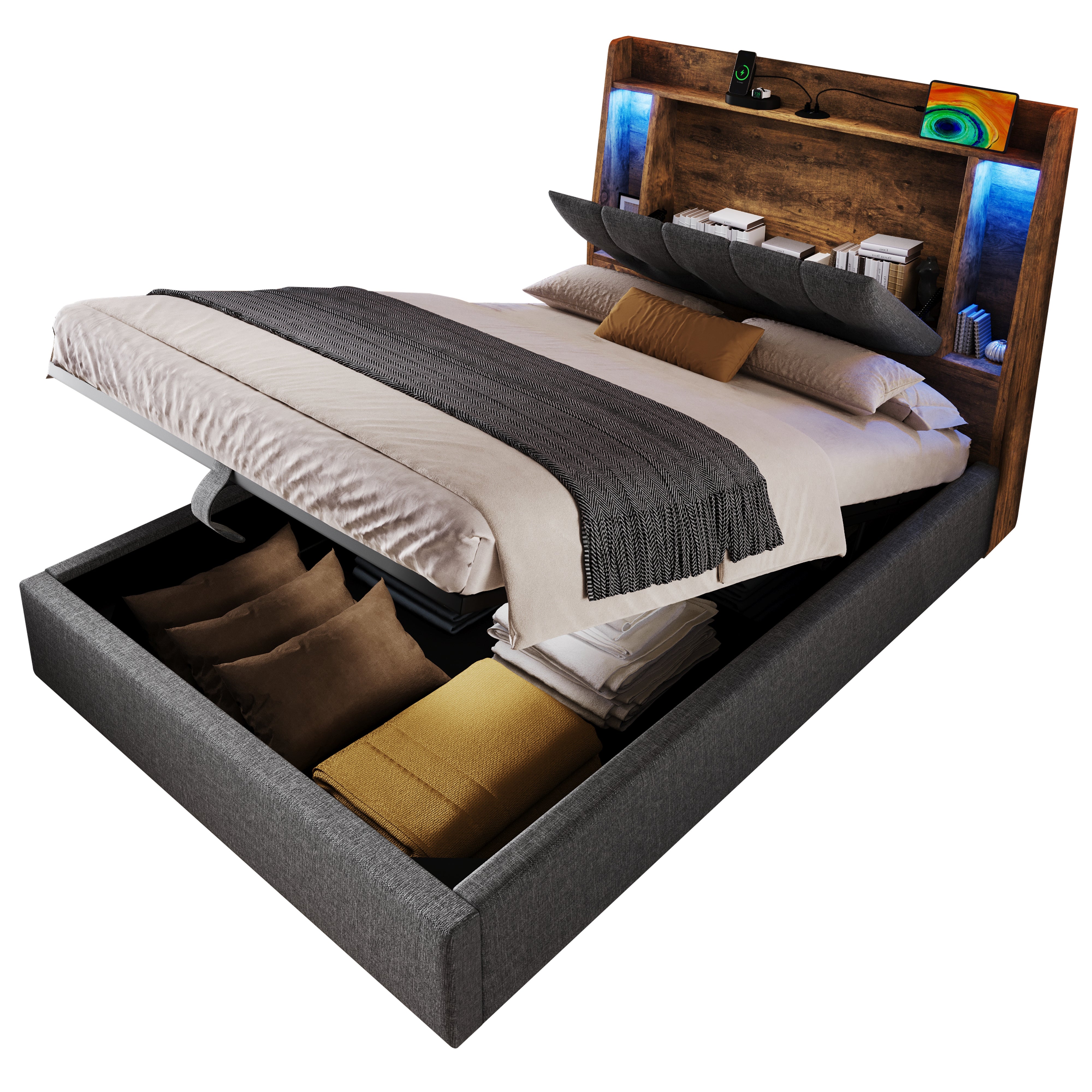 letto contenitore 90x200 cm con LED e porte USB-C lino MDF grigio senza materasso - 3