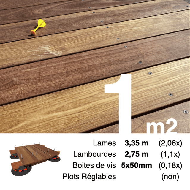Kit terrasse bois exotique CUMARU pour 1 m² • Lames 3,35 m, lambourdes 2,75 m et visserie Inox