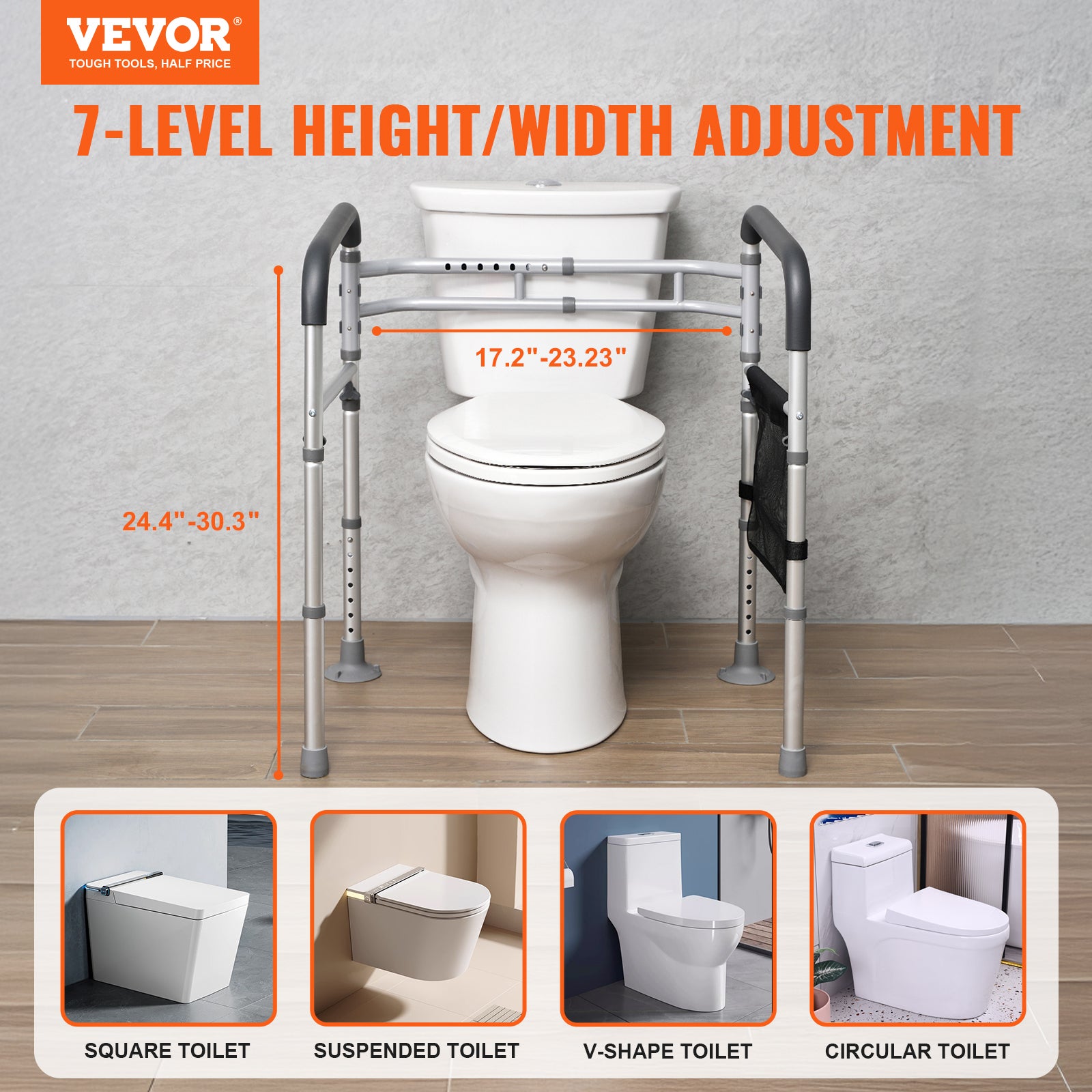 Cadre de toilette sécurisé VEVOR pliable en alliage d’aluminium renforcé avec barres d’appui antidérapantes, capacité 136 kg pour personnes âgées - 2