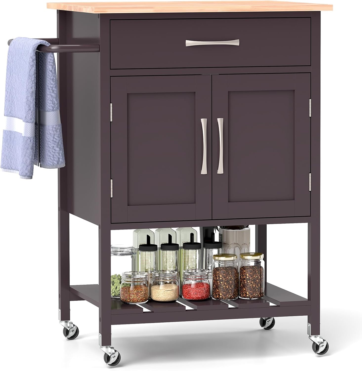 Wózek Kuchenny na Kółkach, Blat z Drewna Hevea, Duża Szuflada, Szafka do Przechowywania, Wieszak na Ręczniki, Wózek Kuchenny, Kuchnia, Bar (Brązowy)