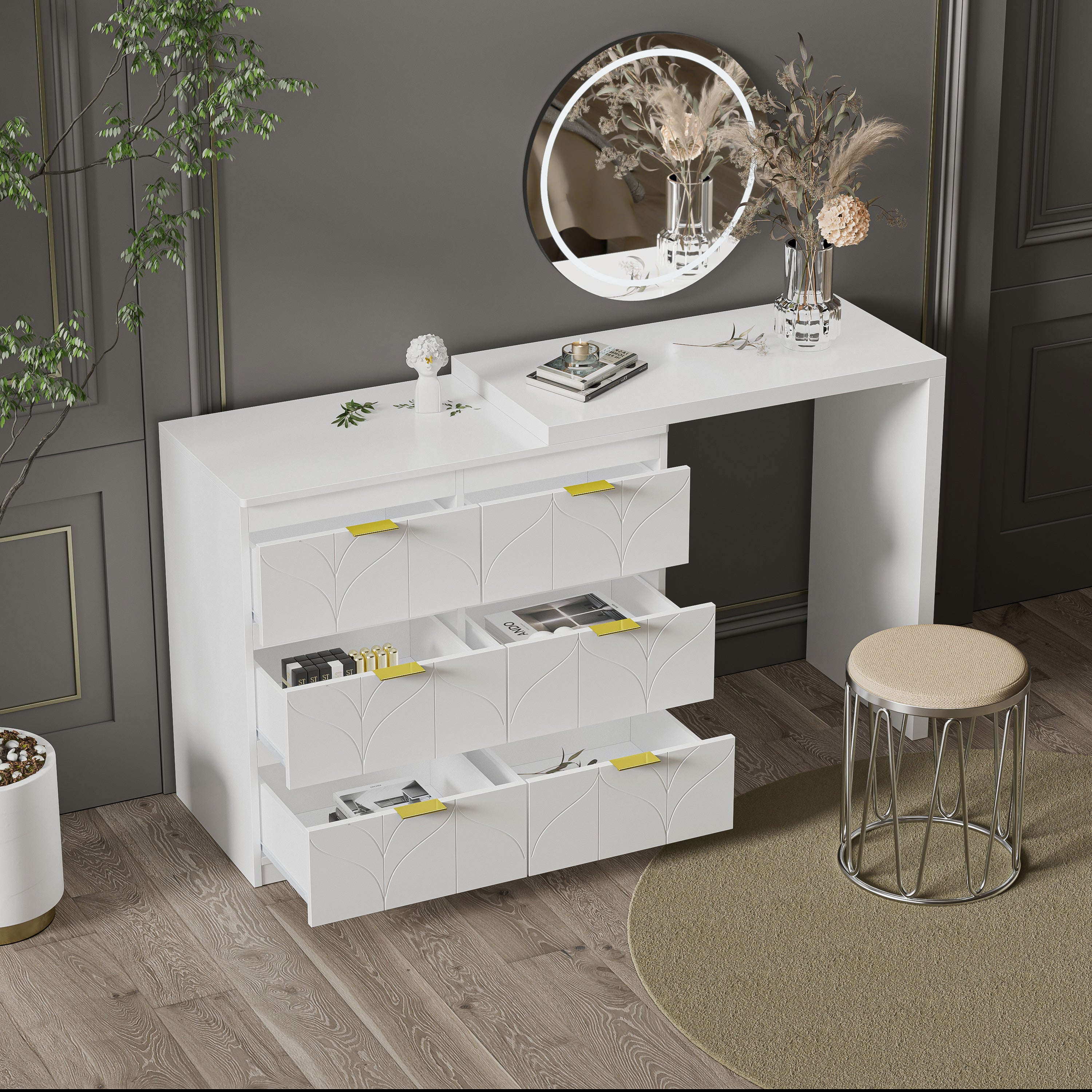 Coiffeuse Blanche 80 X 40 X 73 Cm Avec 6 Tiroirs Poign es Dor es Coiffeuse Blanche 80 X 40 X 73 Cm Avec 6 Tiroirs Poign es Dor es