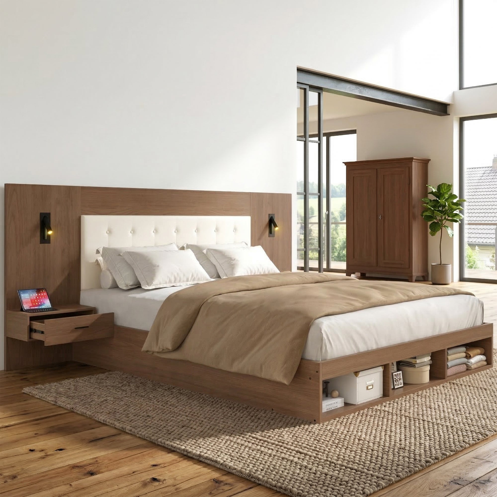 Lit double 180x200 cm avec 2 tables de nuit et tête de lit rembourrée, Lit adulte en bois avec Port USB et USB-C, lampe lecture et 3 étagère, Noyer - 3