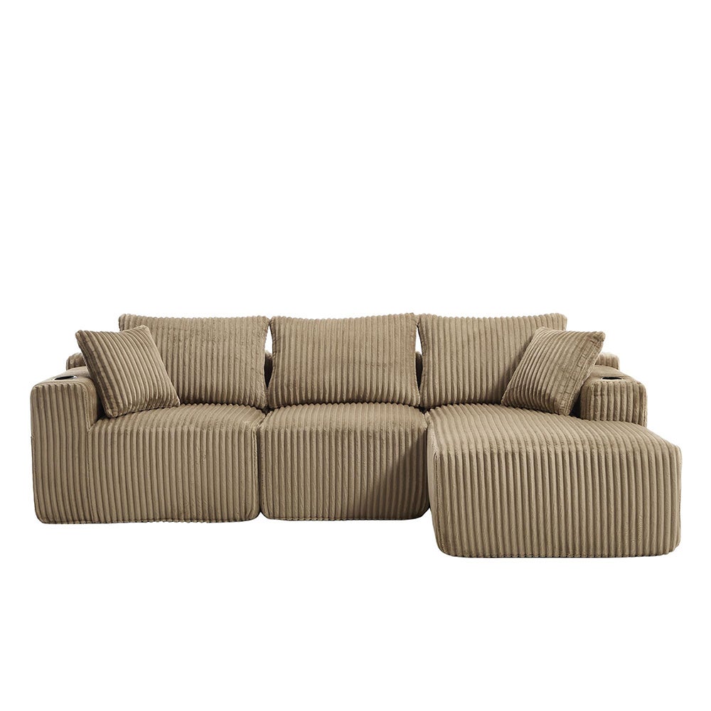 Canapé 3 Places En L Modulable - Velours Beige, 5 Coussins, Poches Latérales & Porte-gobelets