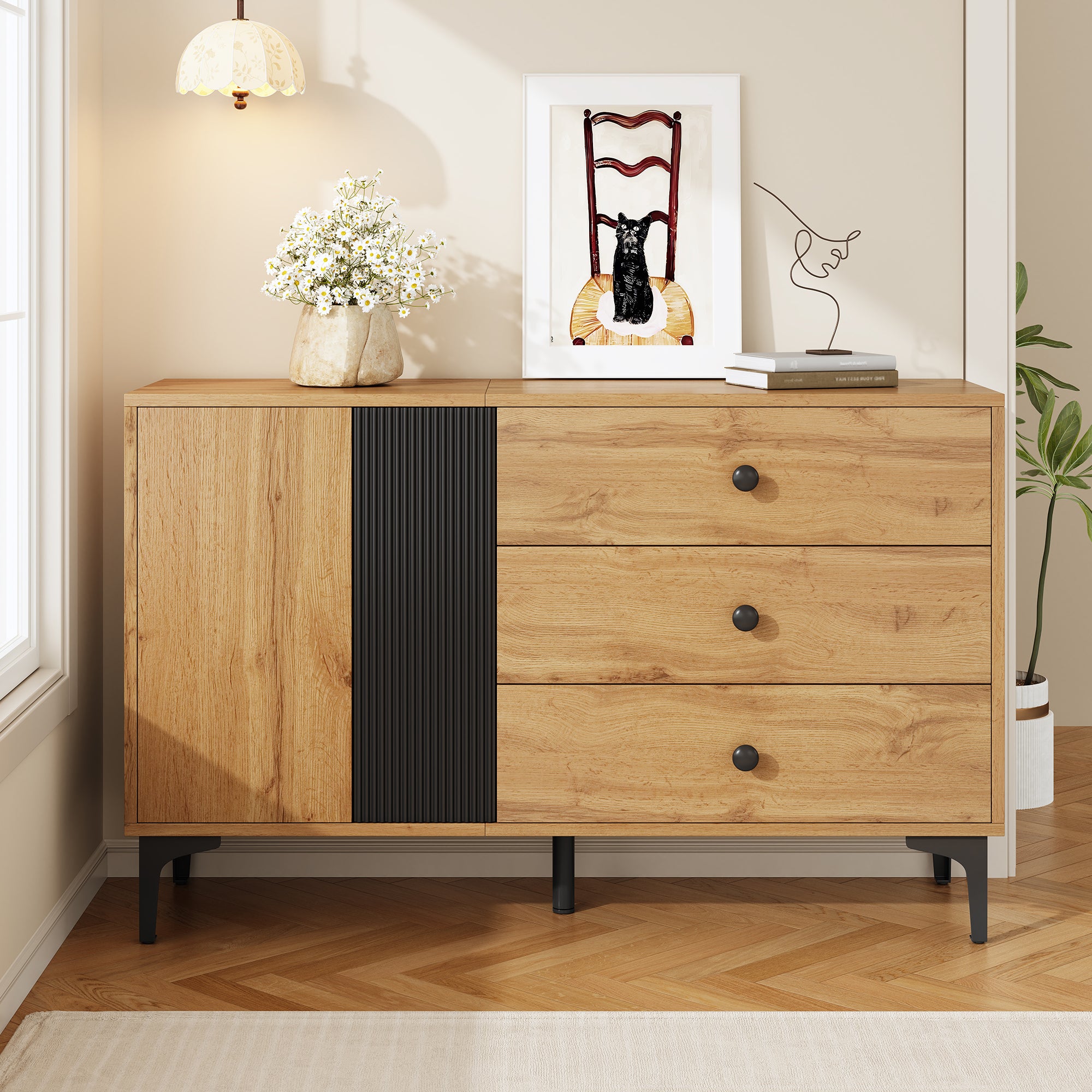 Nowoczesna komoda z 3 szufladami i 2 drzwiami - 120 x 35 x 76 cm - do salonu - Płyta wiórowa i nogi metalowe - Kolor naturalny + czarny