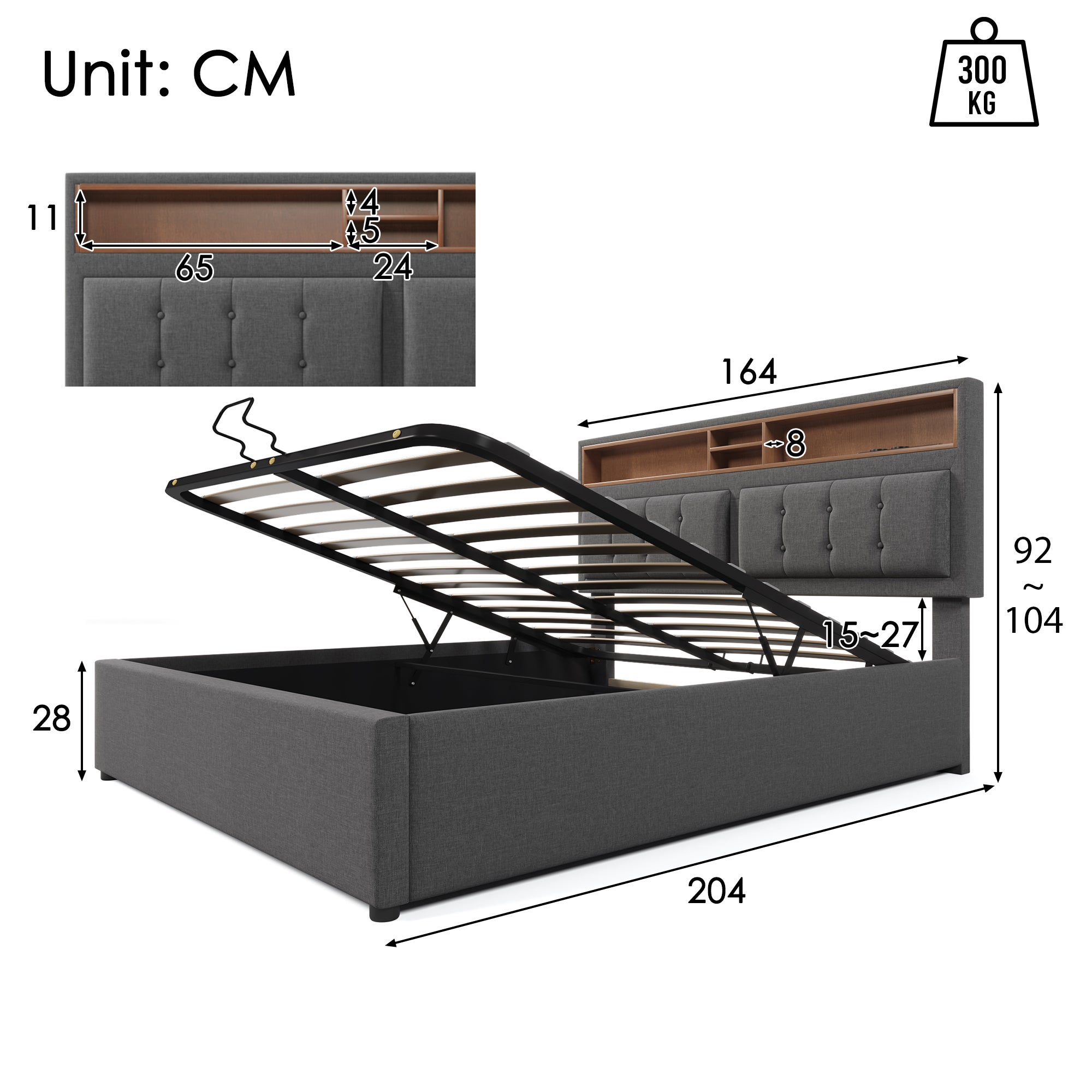 Cama contenedor 160 x 200 cm con cabecero contenedor - USB - tela de lino - gris - 6