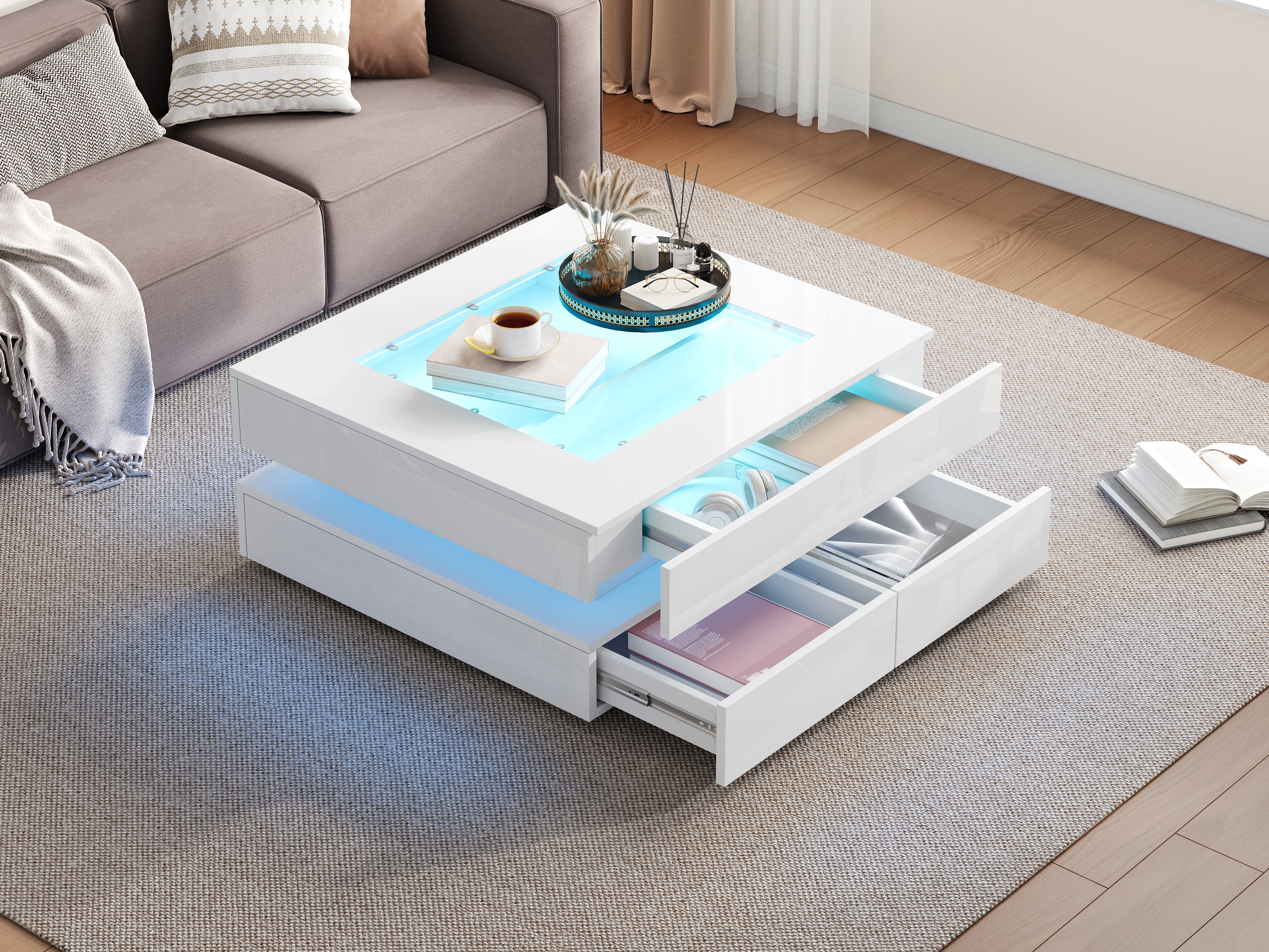 Stolik kawowy 70x70x35 cm - Z oświetleniem LED - 3 szuflady - Szklany blat - Lakier na wysoki połysk - Biały - 7