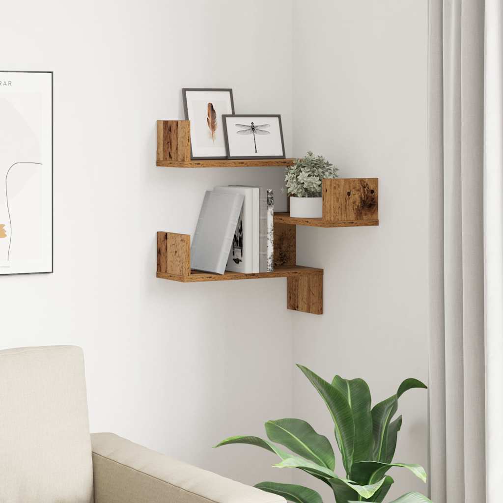 Étagère d'angle murale | Étagère flottante | Étagère suspendue vieux bois 40x40x49,5 cm bois ingénierie CFW161908 - 3