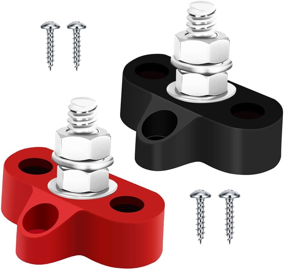 Listwa zbiorcza M10 (3/8") 12 V–24 V 250 A, pojedynczy blok zaciskowy do rozdzielania zasilania z kołkiem M10, 2 szt. (czerwony i czarny)